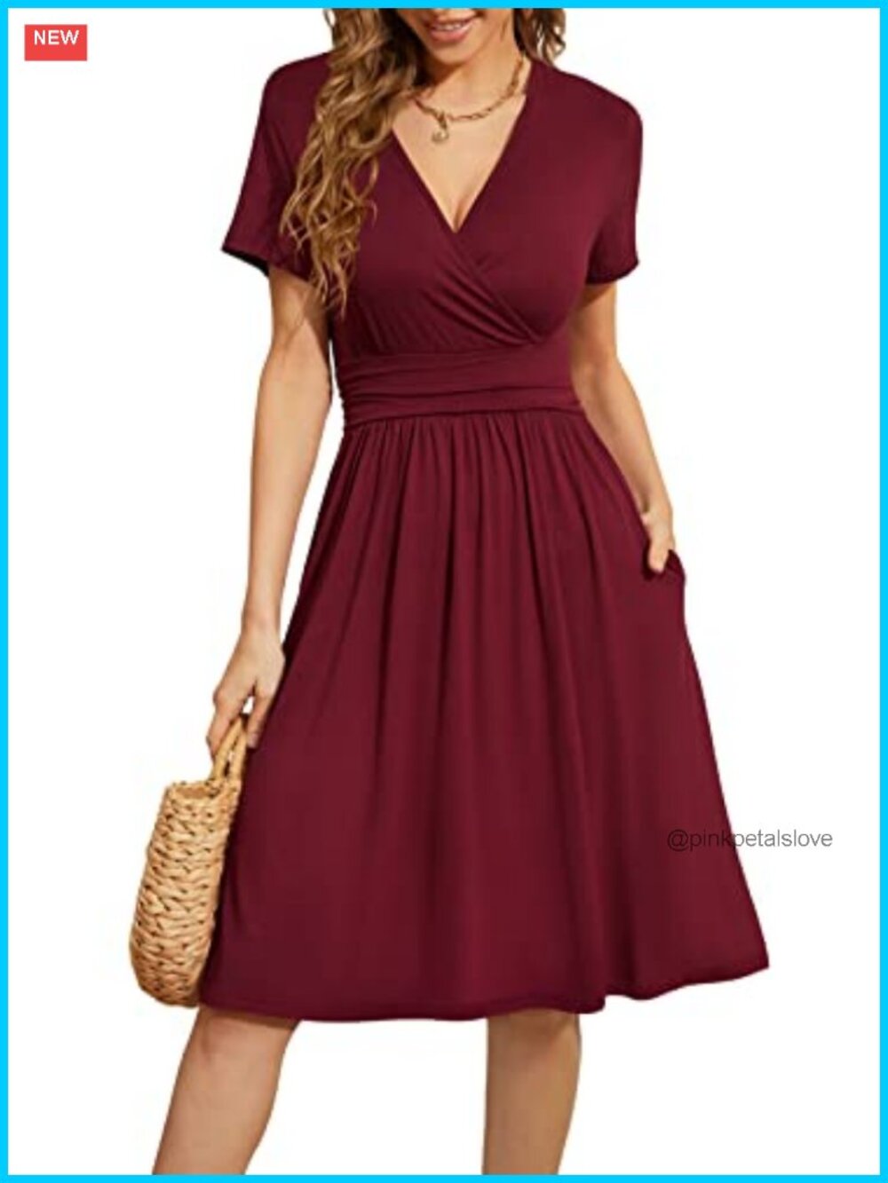 Women's Short Sleeve V-Neck Floral A-Line Knee Length Casual Dress with Pockets